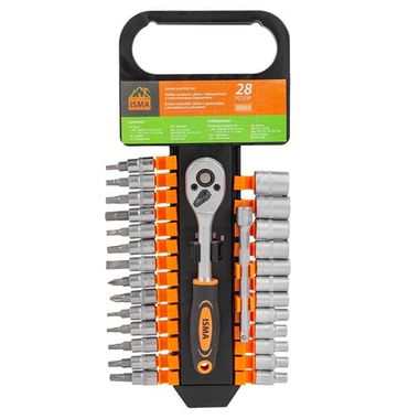 Набор головок и бит с трещоткой 28пр. 1/4''(4-13мм, Torx:T10,15,20,25,30, Hex:3-6мм,SL:4,5.5,7мм, PH1,2),в пластиковом держателе ISMA ISMA-2028-5