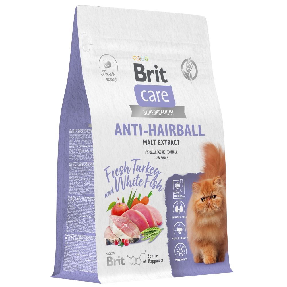 Сухой корм Brit Care Cat Anti-Hairball для взрослых кошек вывод шерсти с индейкой и белой рыбой 1,5 кг