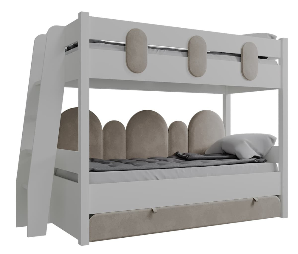 Кровать двухъярусная Астрит, белый/ велюр шампанское