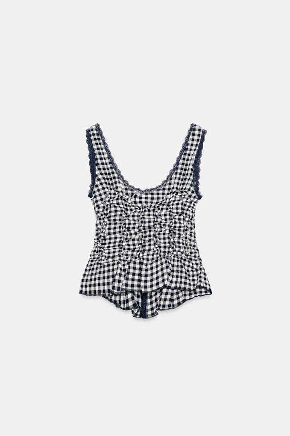 ZARA ДРАПИРОВАННЫЙ ТОП В КЛЕТКУ ВИШИ, ЭКРЮ/СИНИЙ