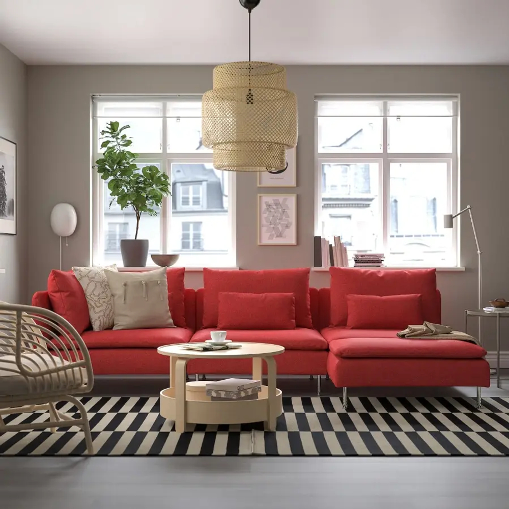 4-местный угловой диван с шезлонгом - IKEA SÖDERHAMN/SODERHAMN/СЁДЕРХАМН ИКЕА, 291/151х69х99 см, красный