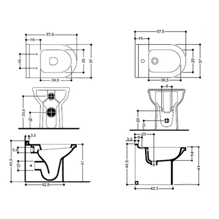 Комплект AXA Due: биде приставное 57 см, унитаз приставной, горизонтальный выпуск, сиденье без микролифта, белый 1501101-AT1501-1502001