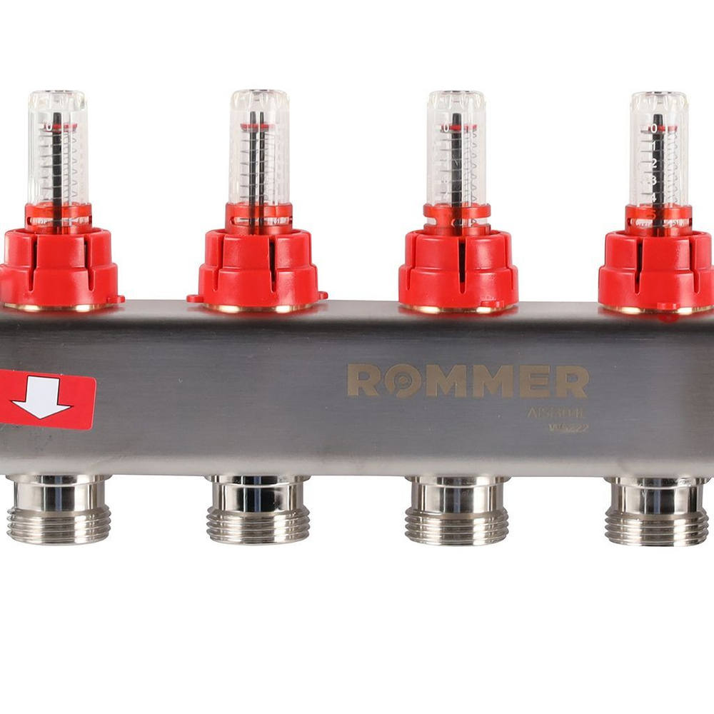 Коллекторная группа ROMMER 4 выхода нержавеющая сталь с расходомерами RMS-1201-000004