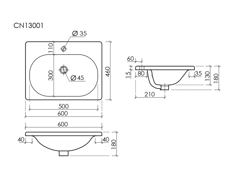 Раковина накладная CERAMICANOVA Sabo с отверстием под смеситель 600x460x130 белый