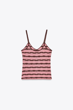 ZARA УКОРОЧЕННЫЙ ПОЛОСАТЫЙ ТОП НА БРЕТЕЛЯХ, РОЗОВАТЫЙ