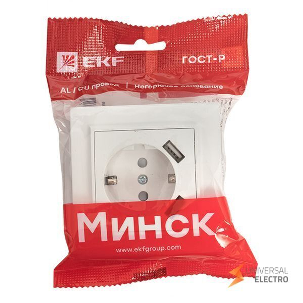Минск Розетка 1-местная СП с/з 16А белая с защ, штор, с 2 USB 2,1А EKF