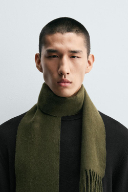 ZARA УЗКИЙ ШАРФ С БАХРОМОЙ, ХАКИ