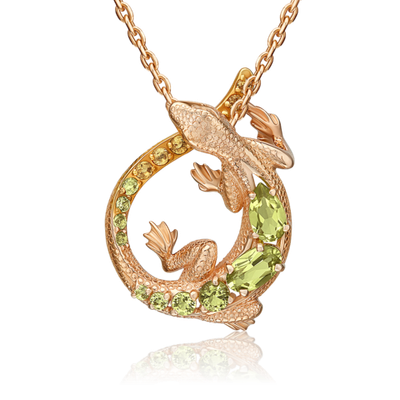 Подвеска «Ящерица» из красного золота с хризолитами и цитринами