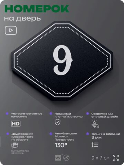 Номерок на дверь квартиры 9, для кабинета, офиса, шильдик 9 х 7 см, черный, Айдентика Технолоджи