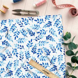 Ткань бифлекс акварельные синие листочки
