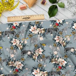 Ткань бифлекс цветы с животным миром