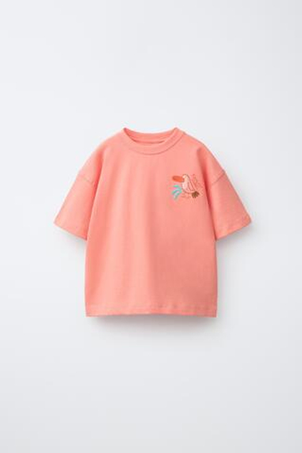 ZARA ФУТБОЛКА С ВЫШИВКОЙ, КОРАЛЛОВО-КРАСНЫЙ