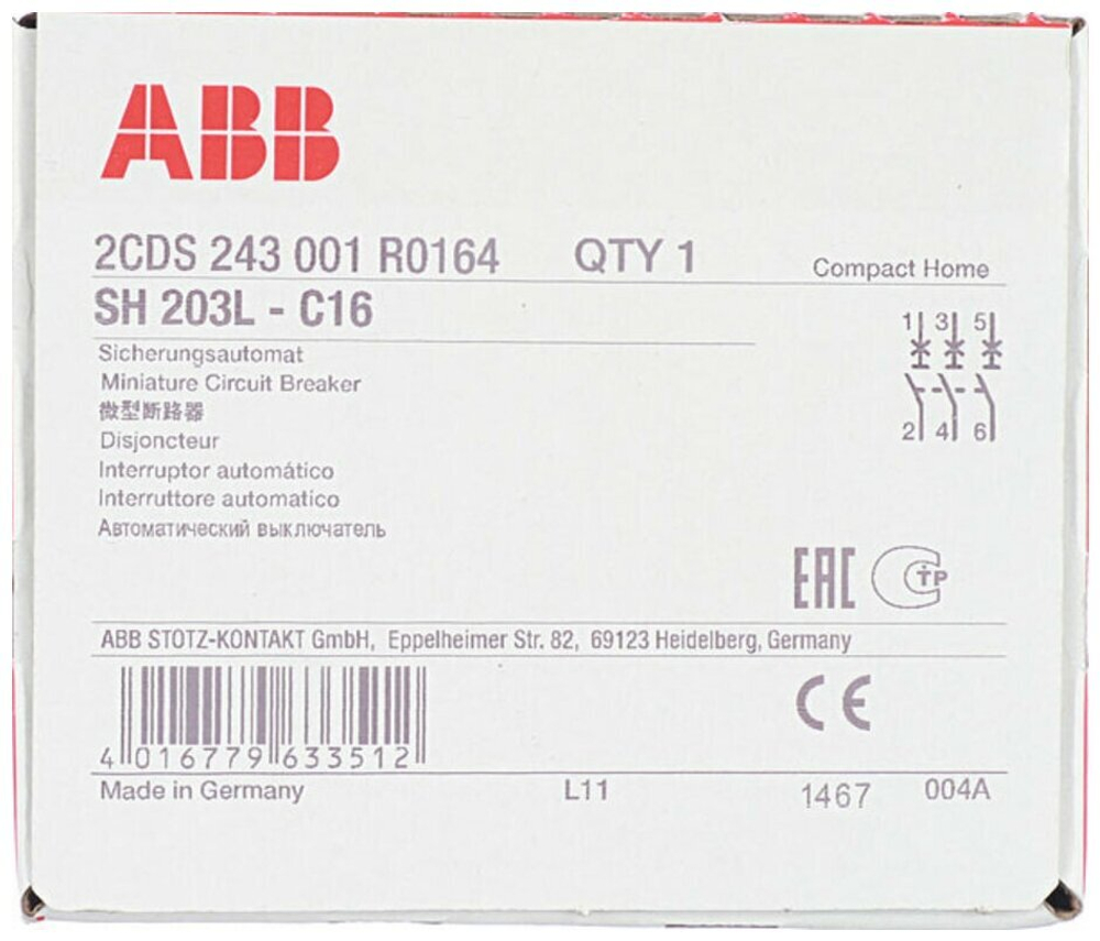 Автоматический модульный выключатель ABB 3п C SH203L 4.5кА 16А 2CDS243001R0164