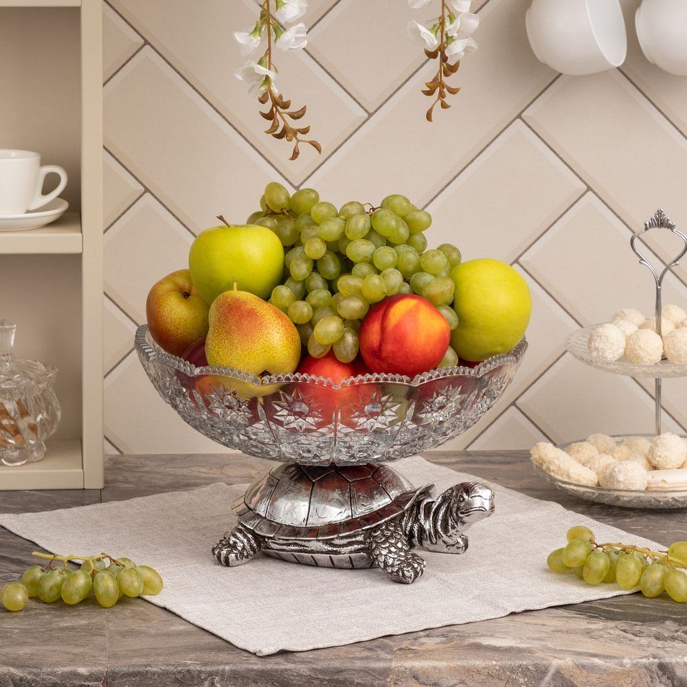 Фруктовница-конфетница Черепаха со стеклянной чашей 7373 Серебро