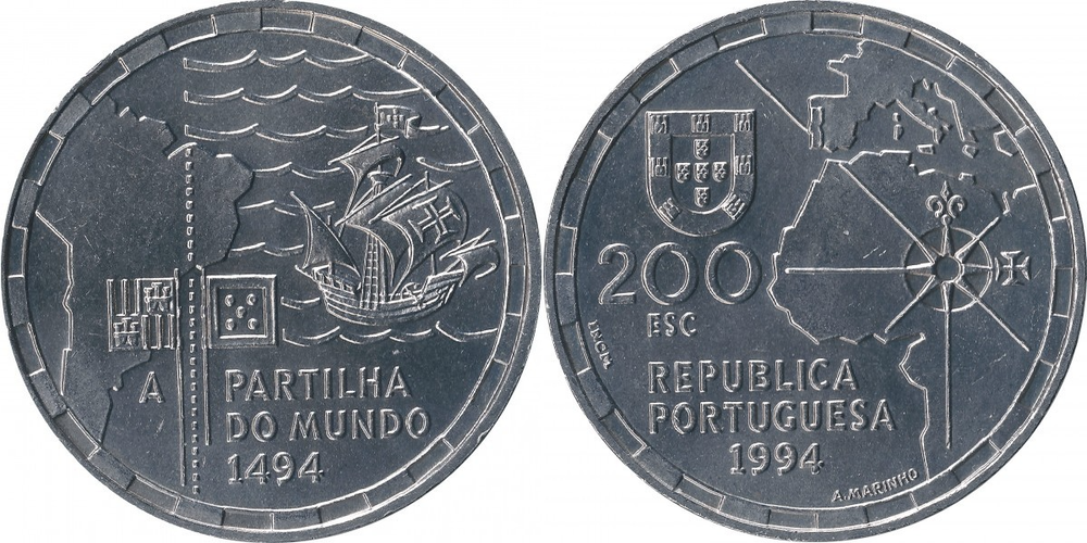 Португалия 200 эскудо, 1994 500 лет разделению зон влияния между Португалией и Испанией