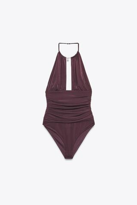 ZARA БОДИ ДРАПИРОВАННОЕ С ДЕКОРОМ НА ШЕЕ, БОРДОВЫЙ