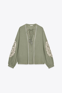 ZARA БЛУЗА С КОНТРАСТНОЙ ВЫШИВКОЙ, СВЕТЛЫЙ ХАКИ