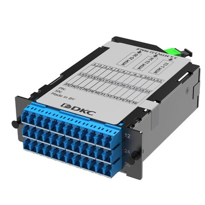 Претерминированная кассета 36 ОВ 09/125 OS2, 3xMTP(12)f/18xLC-UPC Duplex  (с интегрированными шторками), 1 HU