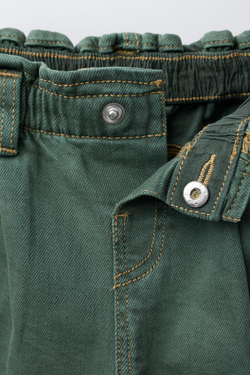 ZARA БРЮКИ BAGGY ИЗ САРЖИ С ВЫШИВКОЙ В ВИДЕ ЦВЕТОВ, ЗЕЛЕНЫЙ