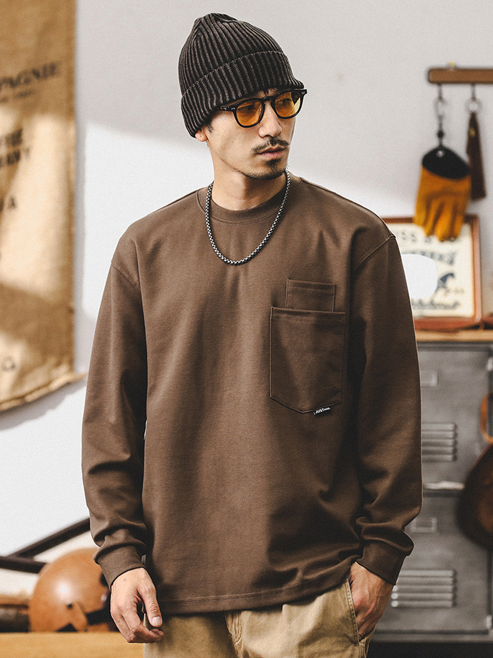 Американская футболка с длинным рукавом мужской осенний лонгслив двойной карманный