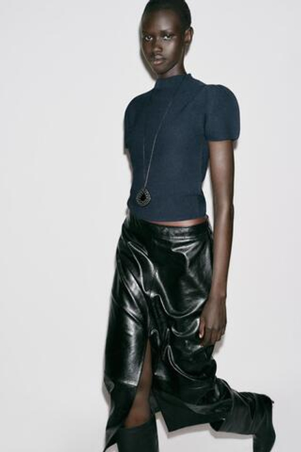 ZARA ТОП ТРИКОТАЖНЫЙ С РУКАВАМИ-БУФАМИ, МОРСКОЙ СИНИЙ