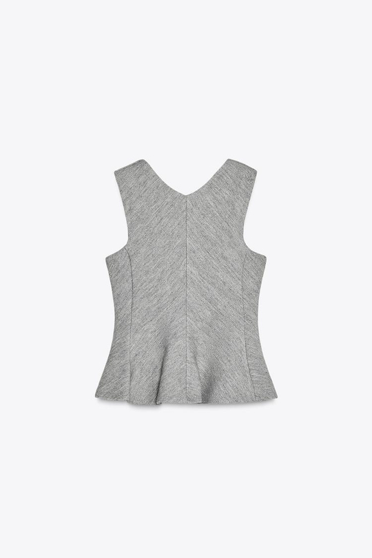 ZARA ТОП ИЗ РЕЛЬЕФНОЙ ТКАНИ С БАСКОЙ, СЕРЫЙ С МЕЛАНЖЕВЫМ ЭФФЕКТОМ