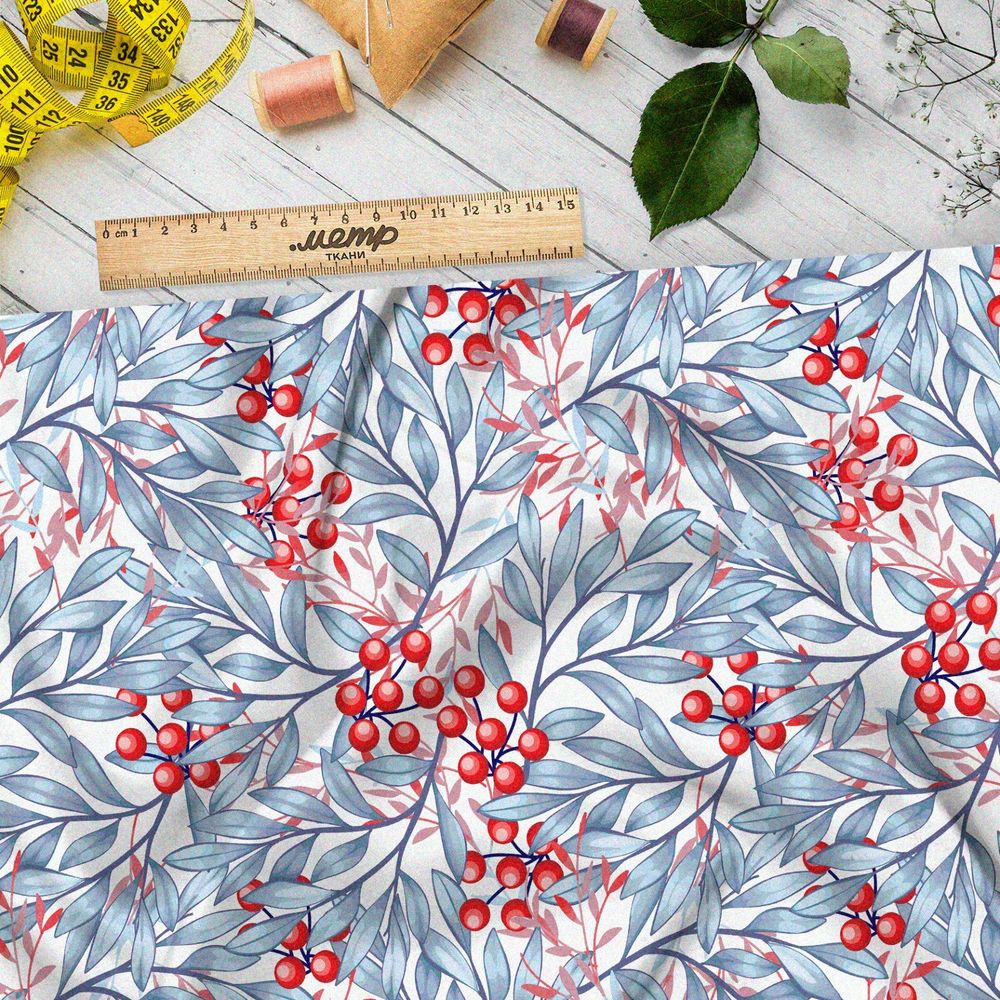 Ткань бифлекс рябина на белом фоне