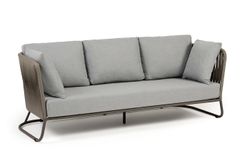 "Багамы" диван 3-местный плетеный из роупа, каркас алюминий бежево-серый (RAL7006) муар, роуп серо-коричневый 23мм, ткань светло-серая