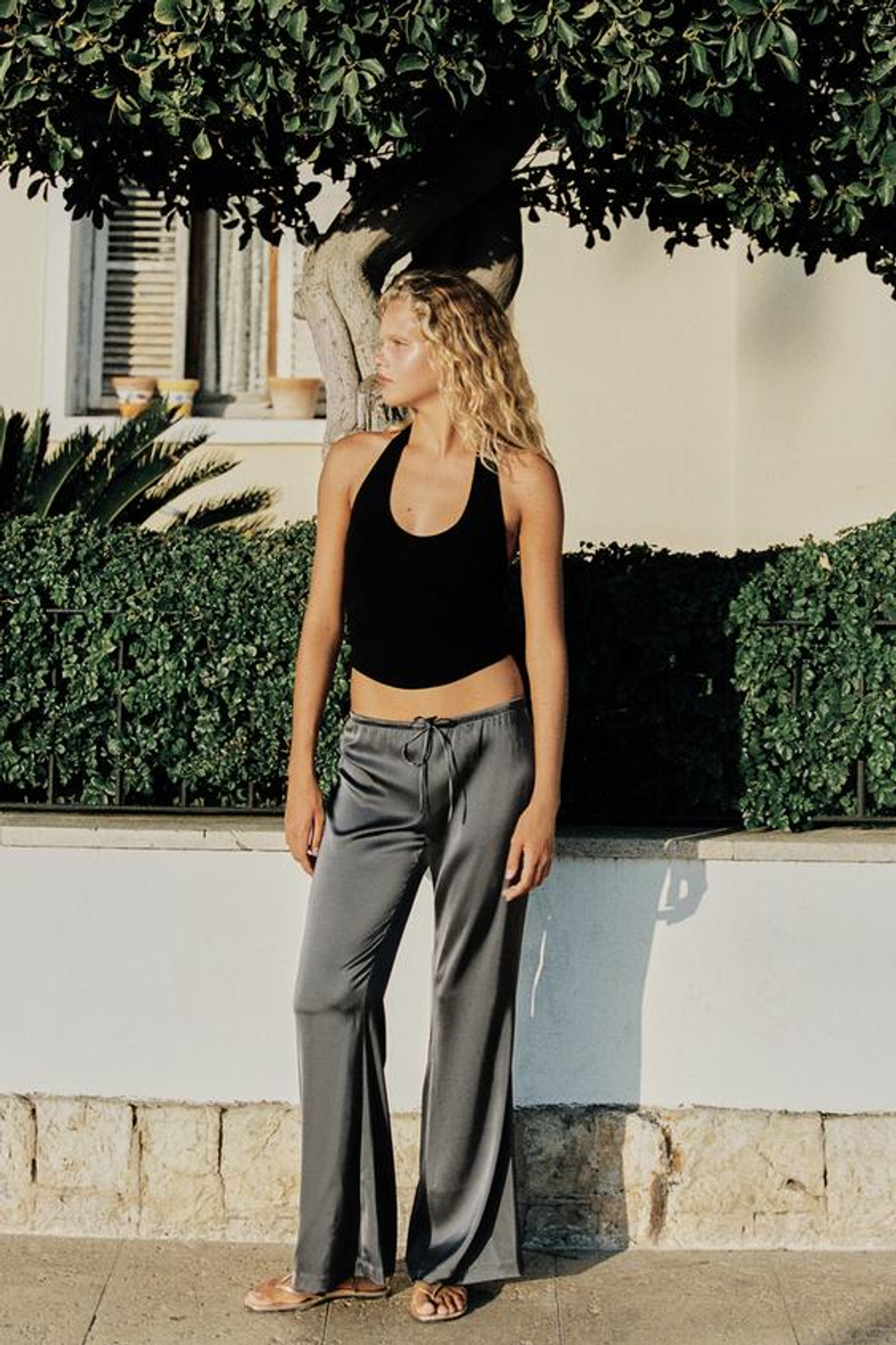 ZARA АТЛАСНЫЕ БРЮКИ НА ШНУРКЕ, ЦЕМЕНТНЫЙ