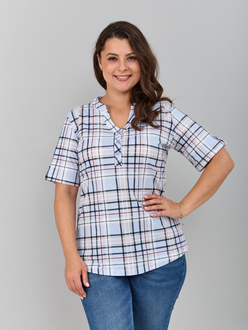 Блузка БЛ-122/голубой-корклетка