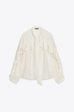 ZARA БЛУЗА С ВОЛАНАМИ И БАНТОМ, ЭКРЮ