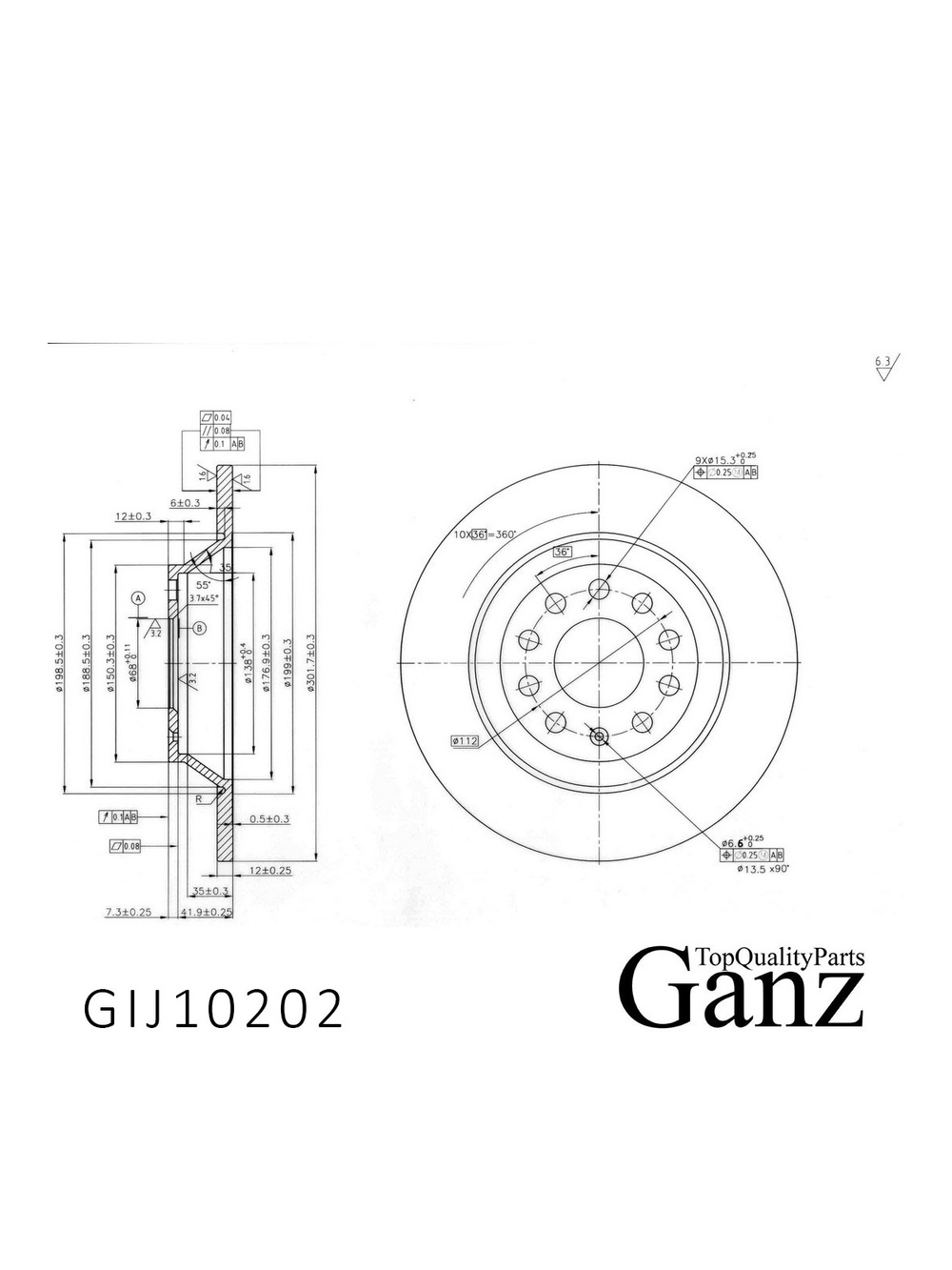 Диск тормозной задний с покрытием для AUDI A6 2.4-3.2/2.0/3.0TDI (04-) GANZ GIJ10202