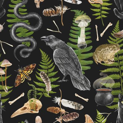 Ведьминский узор с папоротниками на черном