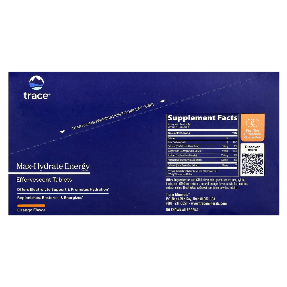 Trace, Шипучие таблетки Max-Hydrate Energy, апельсин, 8–10 таблеток в тюбиках по 44 г (1,55 унции)