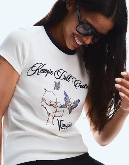 BERSHKA Футболка с короткими рукавами и принтом Kewpie, белый