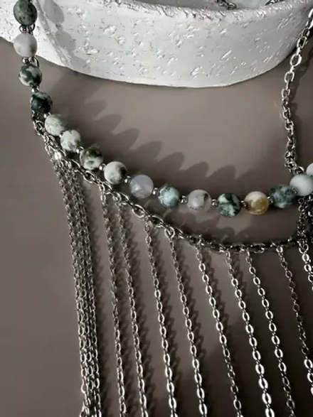 Колье двойное трансформер из агата мохового и цепочек