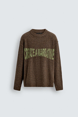 ZARA СВИТЕР В РУБЧИК С НАДПИСЬЮ, КОРИЧНЕВЫЙ