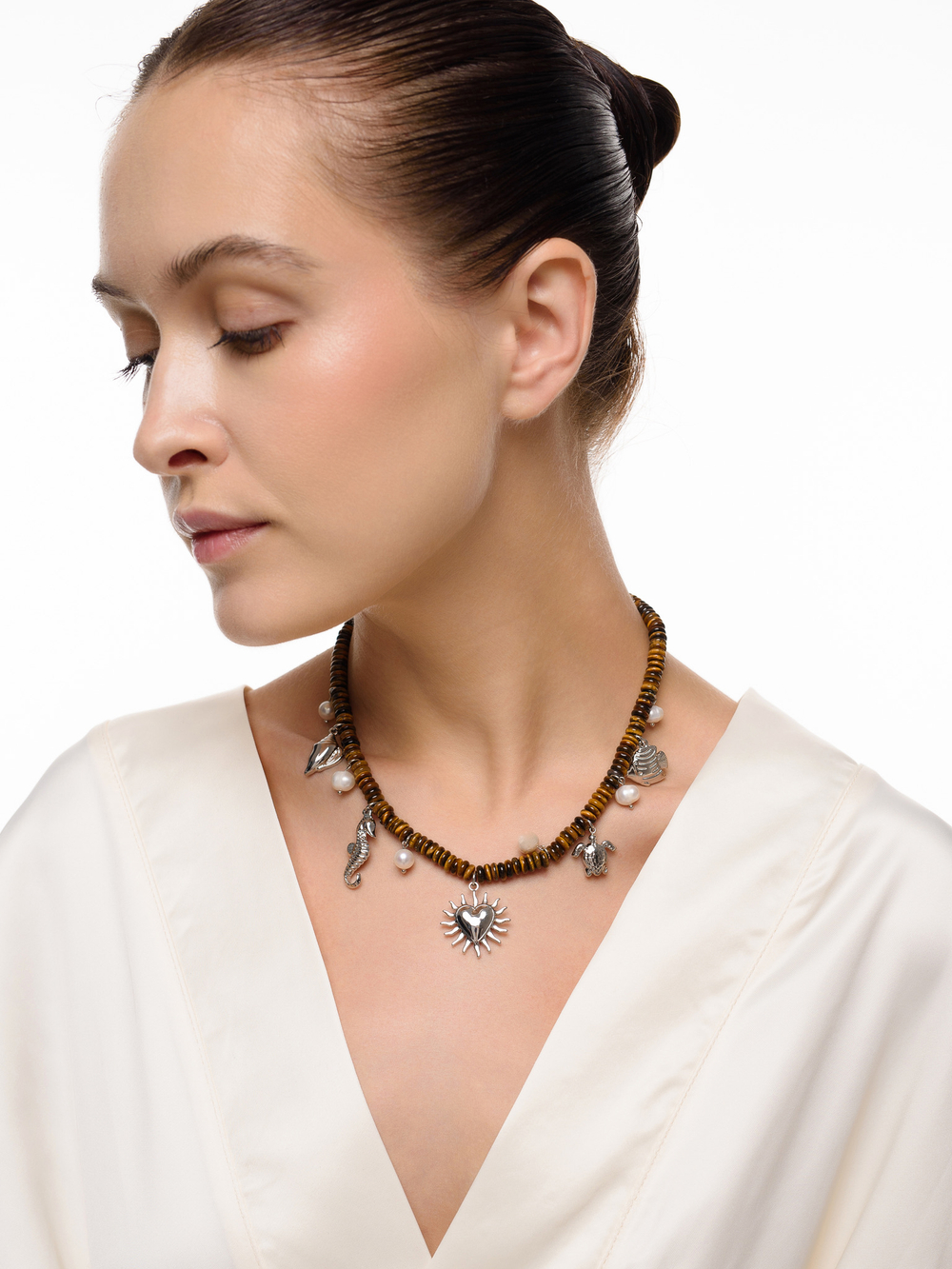 Колье "Mix marine animals" с тигровым глазом Silver