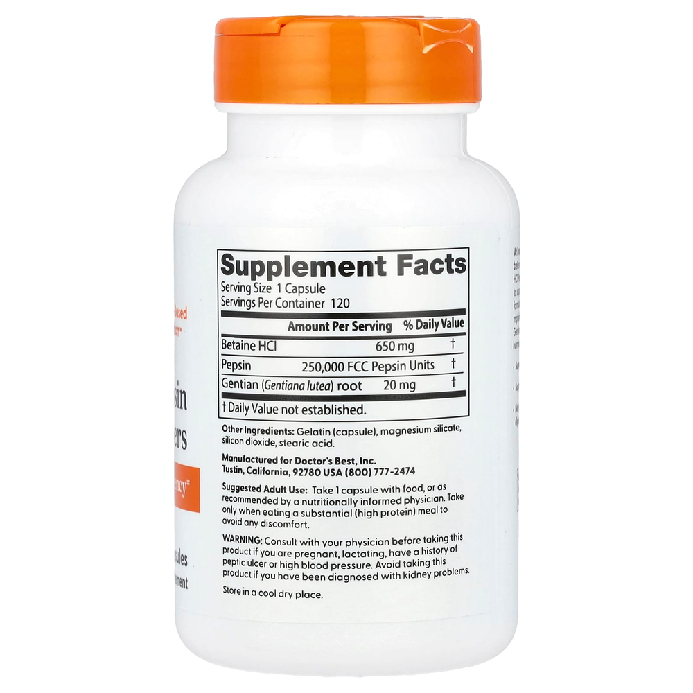 Doctor's Best, горькая настойка из бетаин гидрохлорида, пепсина и горечавки, 120 капсул