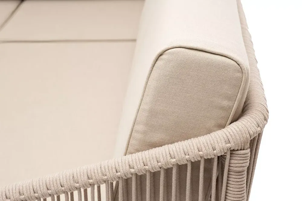 "Канны" диван модульный плетеный из роупа, каркас алюминий белый, роуп бежевый круглый, ткань бежевая 15052