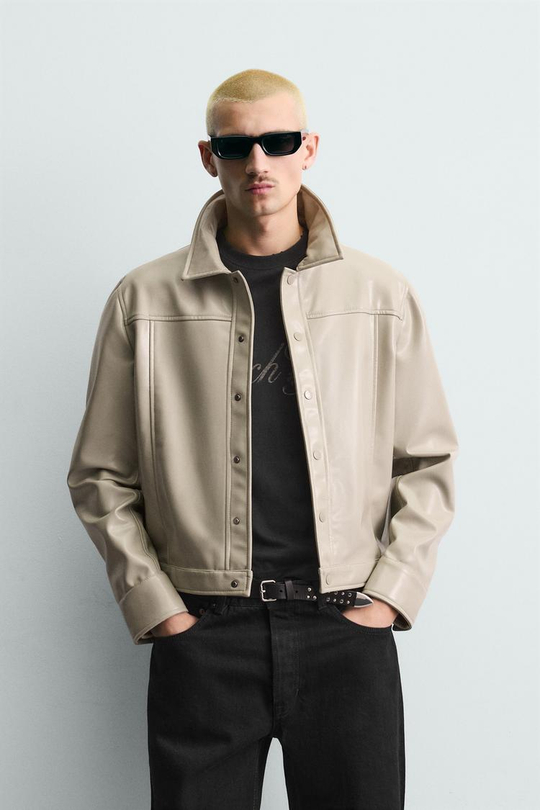 ZARA КУРТКА-РУБАШКА С ЭФФЕКТОМ ВИНИЛА, СВЕТЛЫЙ ХАКИ