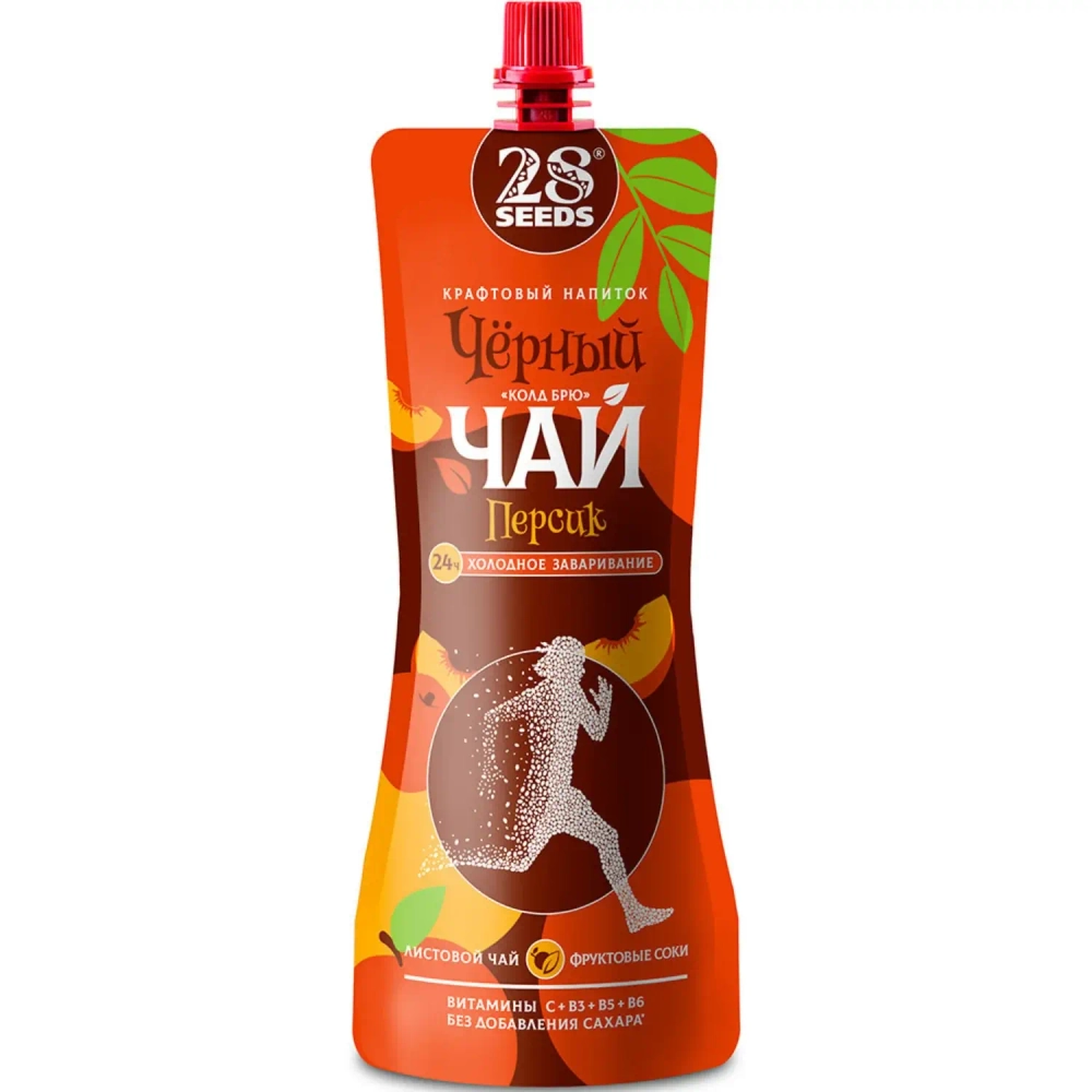 Черный чай «Колд брю» Персик 28SEEDS, 250 мл, холодный чай в дой-паке, вид спереди