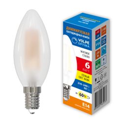 LED-C35-6W-3000K-E14-FR-DIM-SLF Лампа светодиодная диммируемая. Форма свеча. матовая. Теплый белый свет 3000K. ТМ Volpe