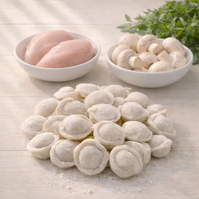Фотография Пельмени из куриных грудок с грибам / 500 г купить в магазине Афлора