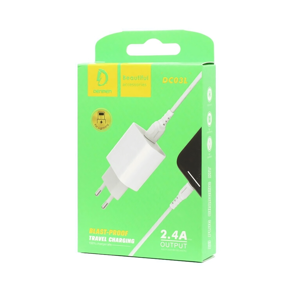 Зарядное устройство DENMEN DC03L 2.4A USB + кабель Lightning White