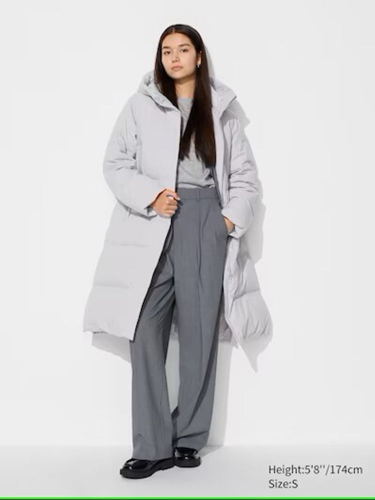 UNIQLO ДЛИННЫЙ ПУХОВИК, СВЕТЛО-СЕРЫЙ