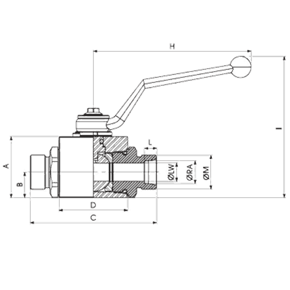 Кран 2-х ходовой шаровый M36x2 28L DN 25 P=350 с отверстиями для монтажа