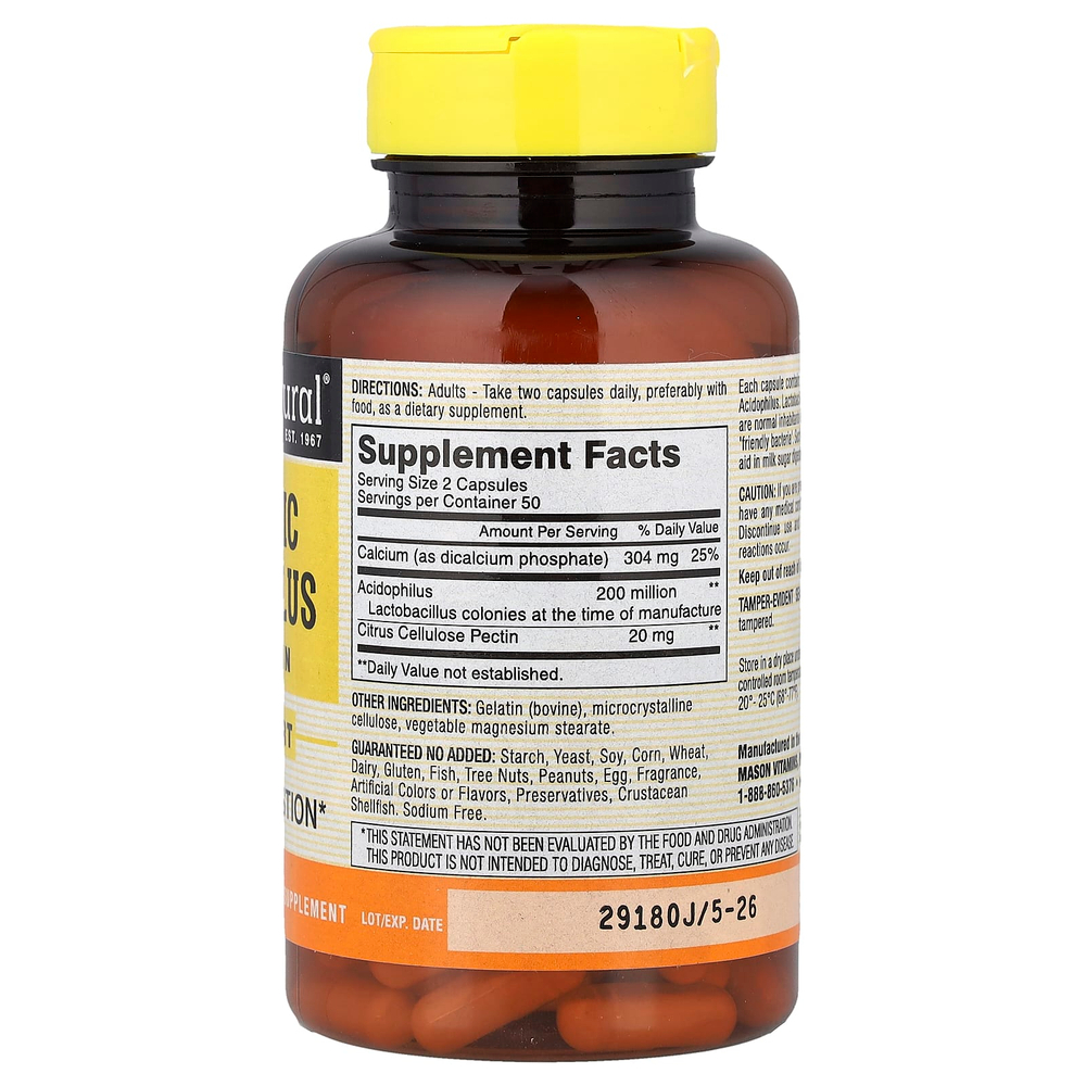 Mason Natural, пробиотик с ацидофильными лактобактериями Acidophilus с пектином, 100 капсул