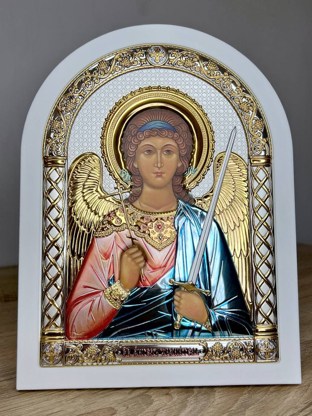 Ангел Хранитель, икона арочная, белое дерево, эмаль 206х275