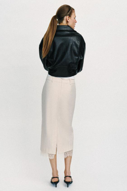 ZARA ЮБКА МИДИ С КРУЖЕВОМ, КОСТЯНОЙ